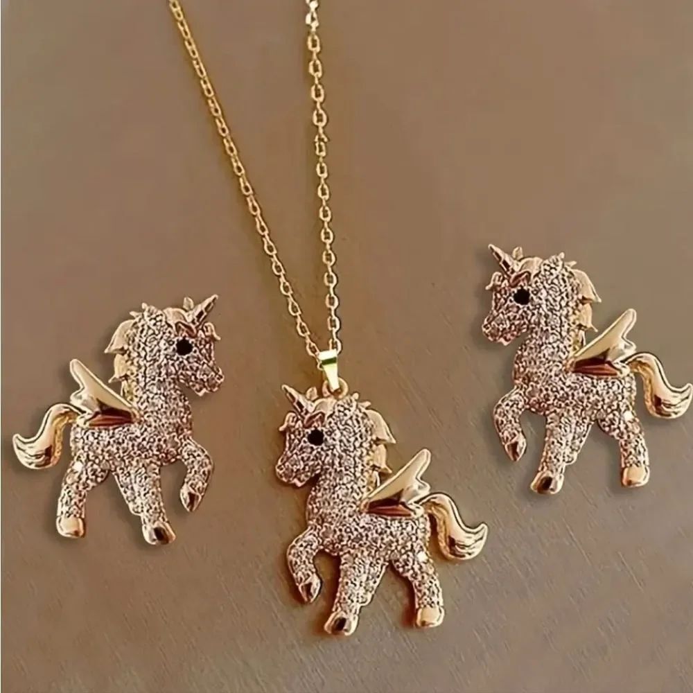 Gold Unicorn Stud Earrings & Matching Necklace